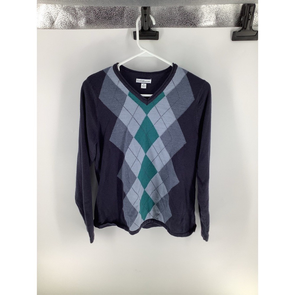 Croft & Barrow Womens Argyle V-Neck Sweater Navy Blue Teal Gray Size M L/S